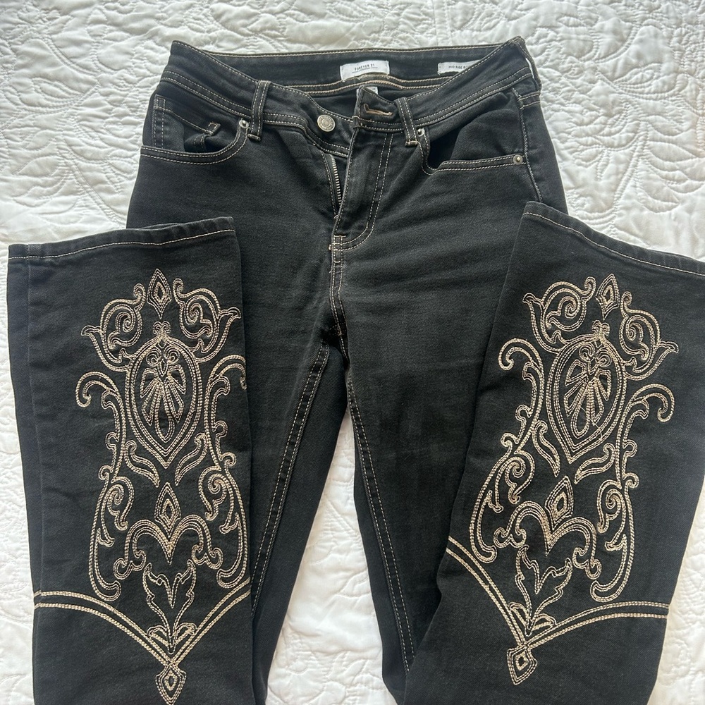 Forever 21 Black Flare Jeans with Gold Embroidery